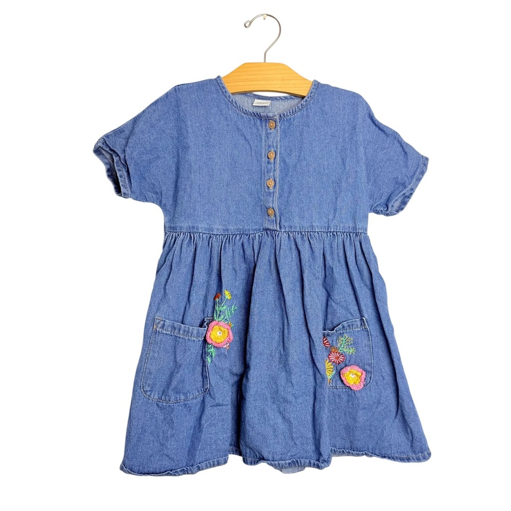 NEXT Kids Blue Denim Chambray Floral Embroidered Babydoll Dress Size 5-6 Years